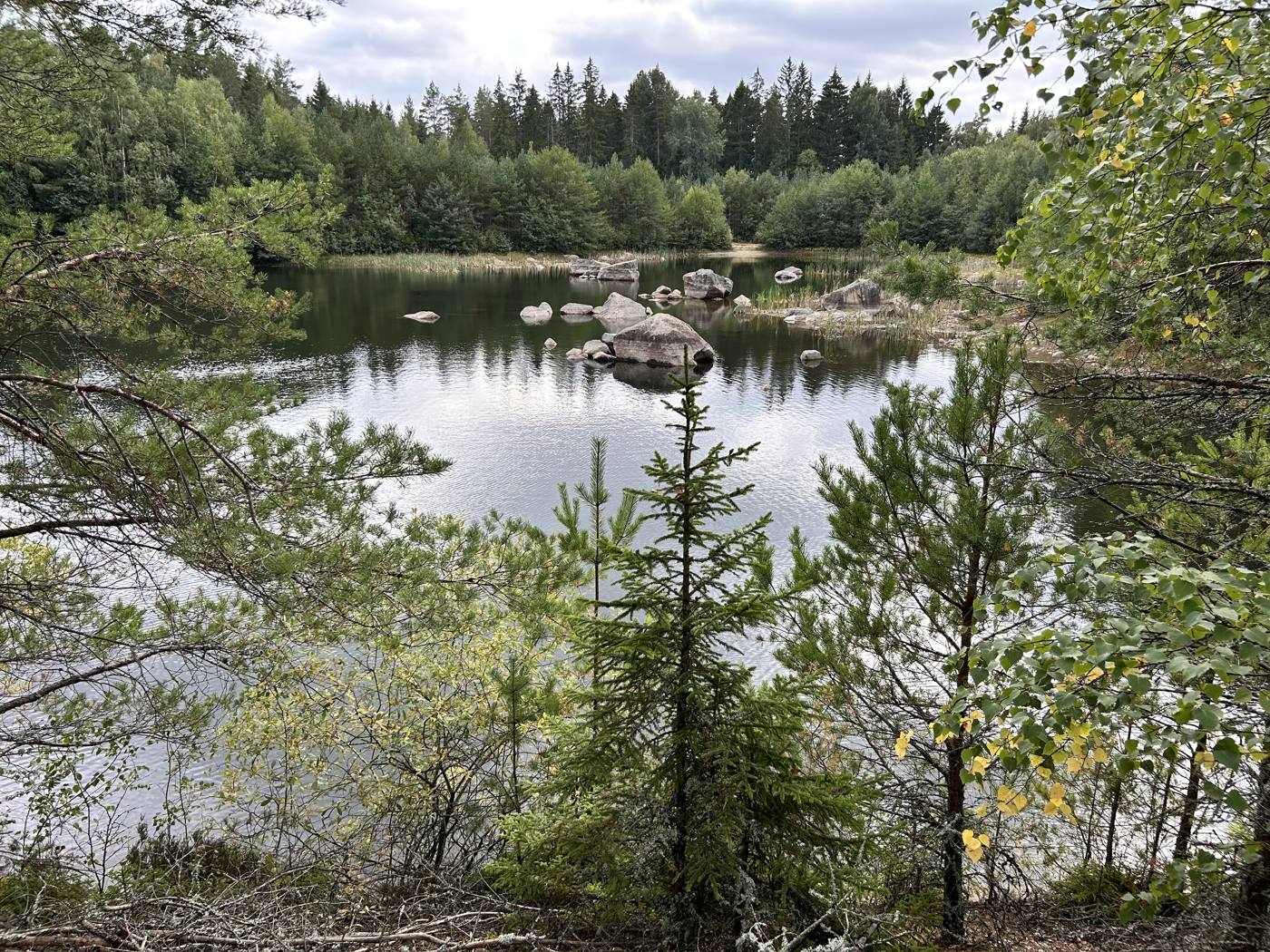 See mit Felsen im Wald